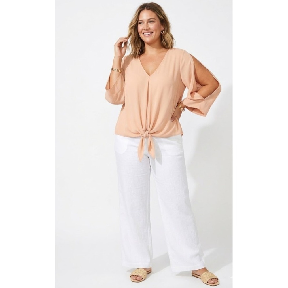 New RACHEL Rachel Roy Top size XL Cream Tan Tie Front Cut-out Sleeve Feminine